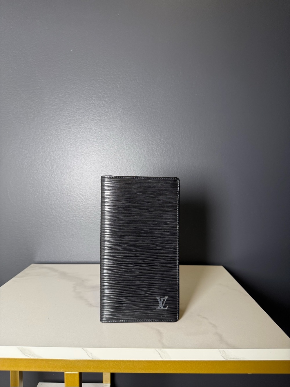 Louis Vuitton Black Epi Leather Vertical Card Holder with LV Initial